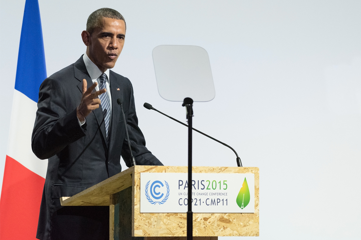 President Barack Obama giving a speech at the Paris 2015 COP 21 UN Climate Change Conference