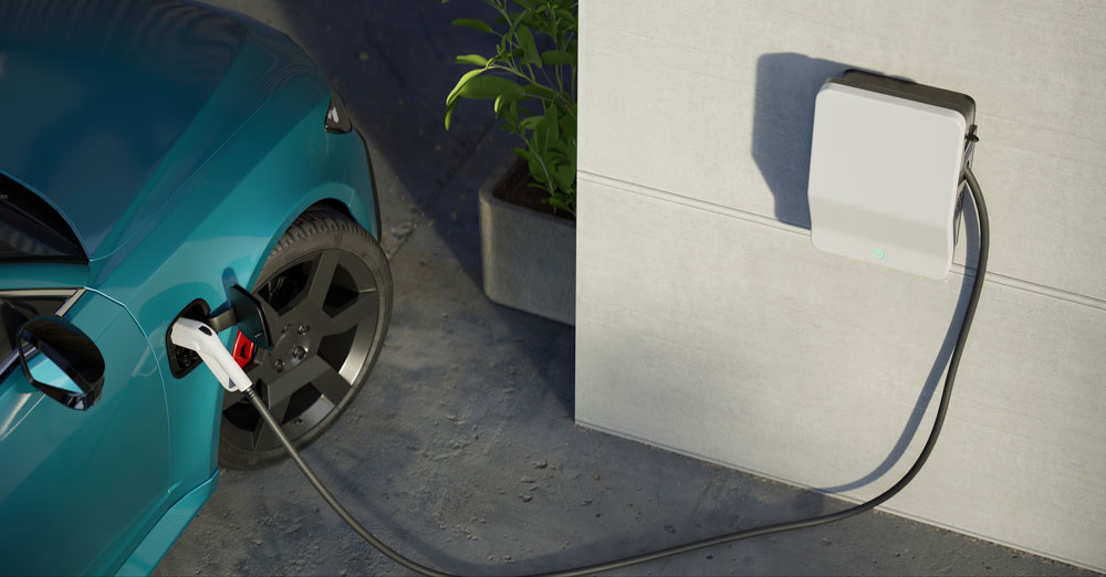 Electric car plugged in to a home EV charger