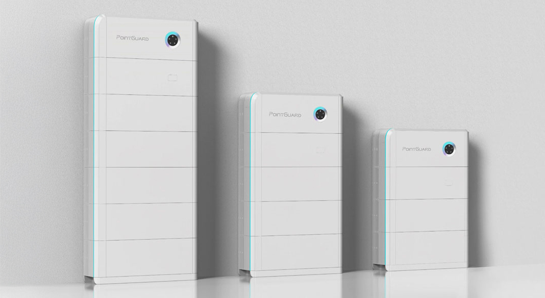 Three PointGuard batteries of different sizes side-by-side against a white wall