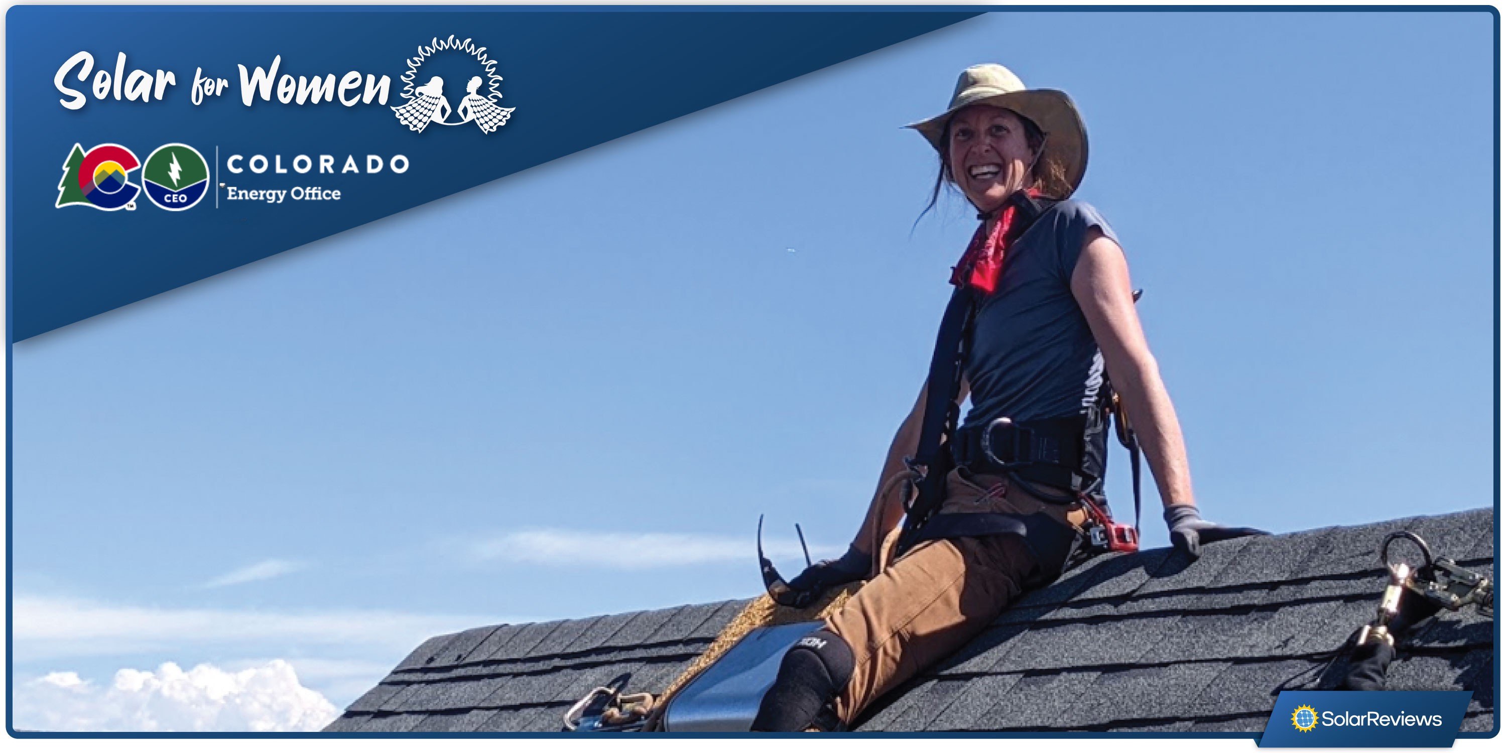 Woman sitting on top of a roof with the Solar For Women and Colorado Energy Office logos