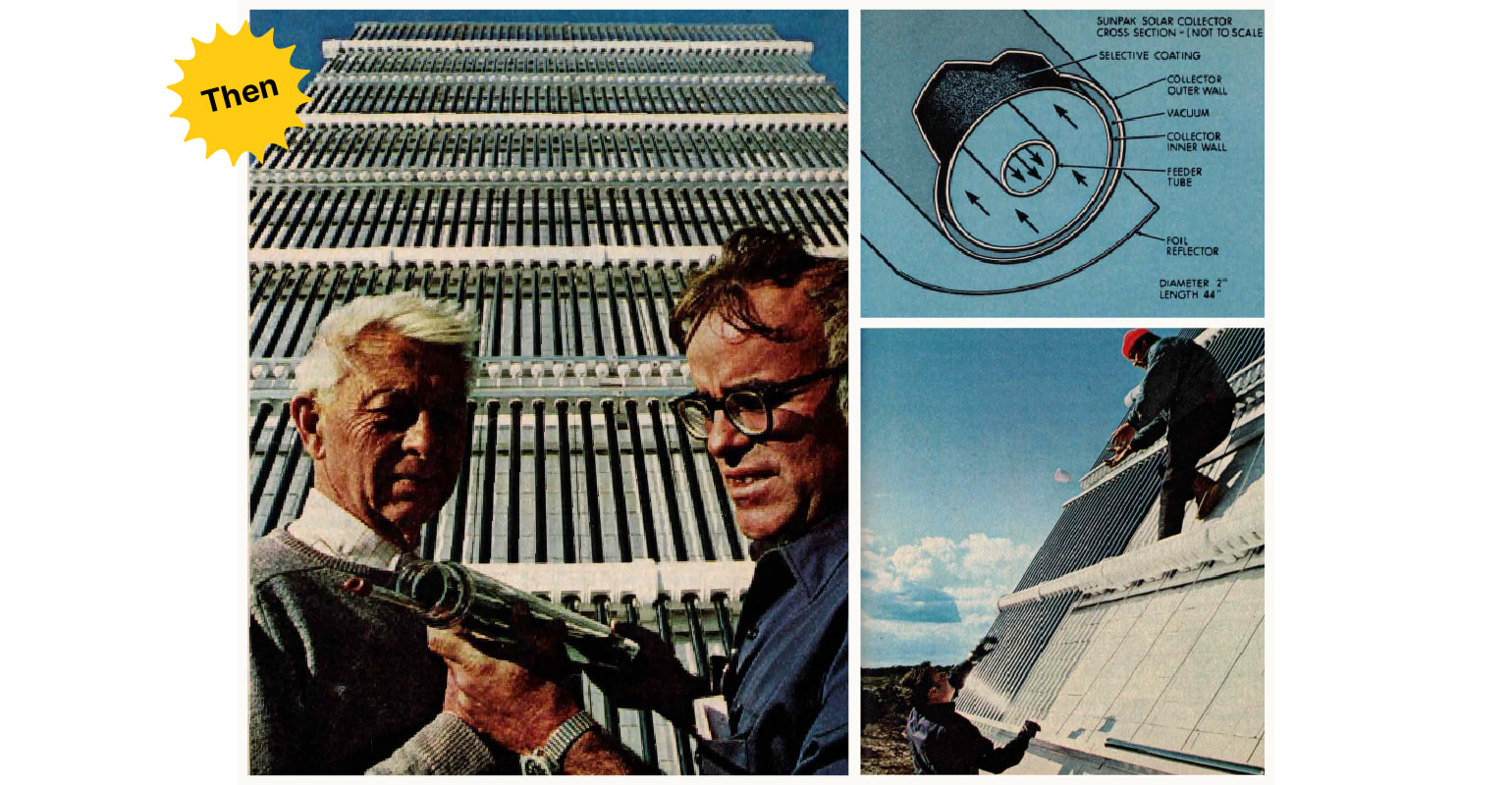 Three images of 1977 solar thermal collectors side by side: one of two men holding a solar collector with a system installed in the background, one a drawing of how the solar collectors were designed, and one of solar collectors being installed on a home.