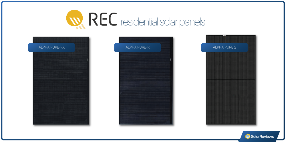 REC solar panels for homes side by side: Alpha Pure-RX, the Alpha Pure-R, and the Alpha Pure 2